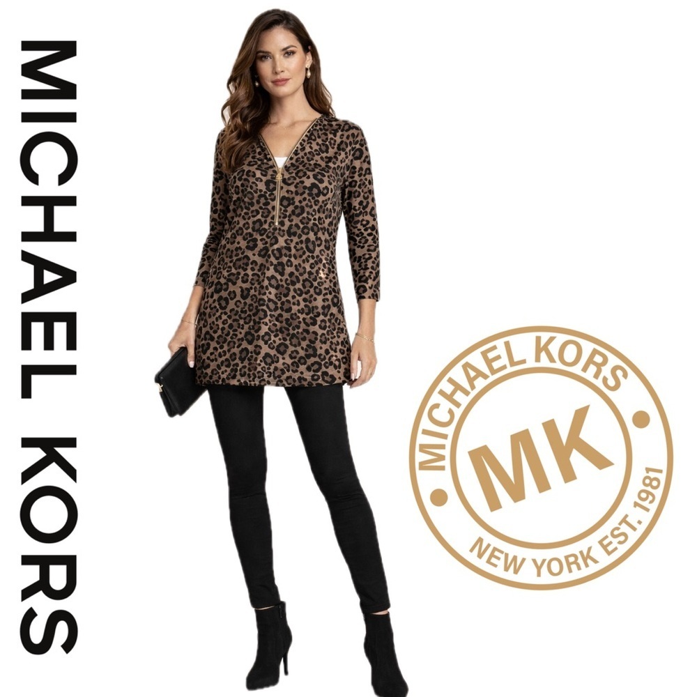 Michael Kors leopard print tunic. Featuring a flattering V-neck with gold zipper